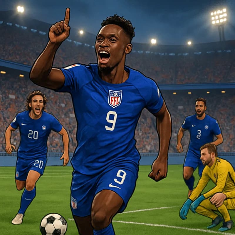 A vibrant scene from the World Cup match featuring Folarin Balogun in a blue US national team jersey, celebrating a goal with teammates on a lush green pitch. The stadium is packed with cheering fans 