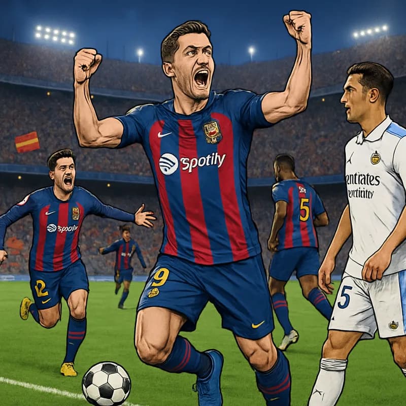 A vibrant scene from the El Clasico match, featuring Barcelona players in their classic blue and garnet striped jerseys celebrating after scoring a goal. The atmosphere is electric with fans waving fl