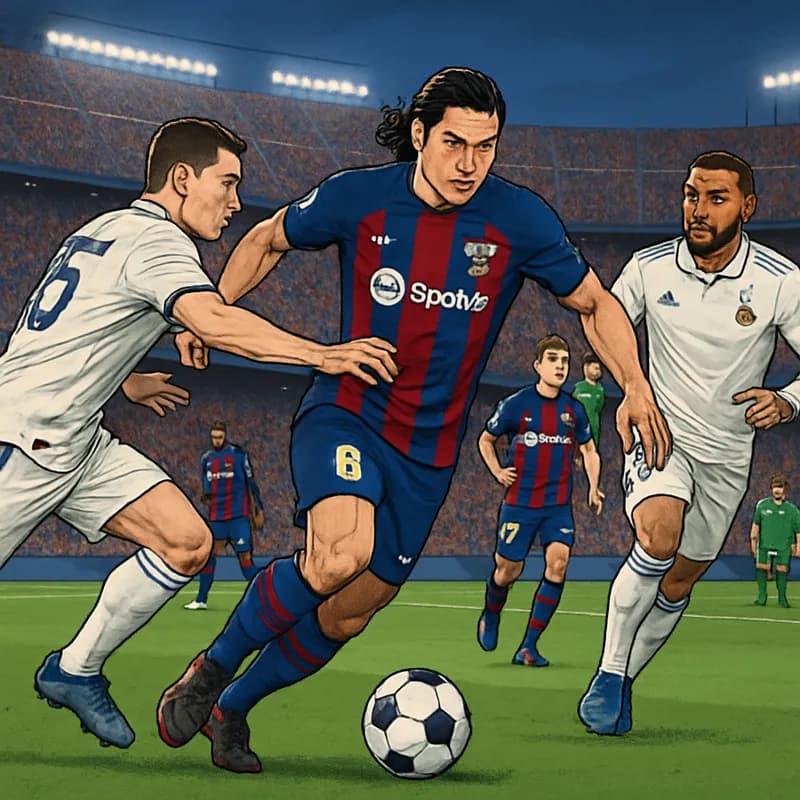 A vibrant scene at Camp Nou, Barcelona's iconic stadium, filled with fans in blue and garnet jerseys. The atmosphere is electric as players warm up on the lush green pitch, a round ball at the center,