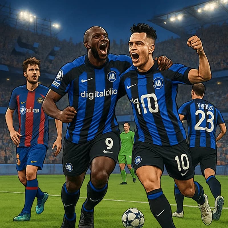A vibrant stadium scene showcasing players in Inter Milan's blue and black striped jerseys celebrating a goal, with Barcelona's red and blue kit in the background. Fans are cheering, waving flags, and