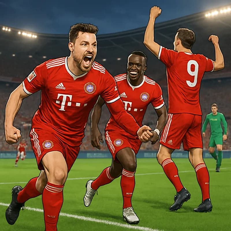 A vibrant scene in a packed stadium showcasing Bayern Munich players in their red and white kits celebrating a goal. The atmosphere is electric, with fans waving flags and cheering on a lush green pit