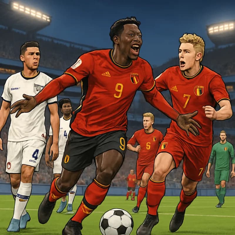 A vibrant scene at Seattle Stadium during the World Cup match, featuring Belgium players in their red jerseys celebrating a goal, while USMNT players in their white kits look on, with a packed stadium