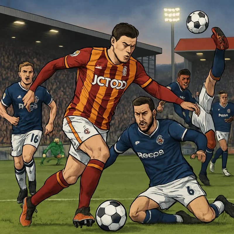 A tense moment at Valley Parade with fans in Bolton's navy and white kits cheering passionately. The green pitch is set for a crucial play-off clash, and the atmosphere is electric as players warm up,