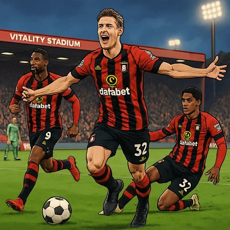 A vibrant scene from a Premier League match featuring Bournemouth in their red and black striped jerseys, celebrating a goal at the Vitality Stadium, with fans cheering in the stands and a lush green 
