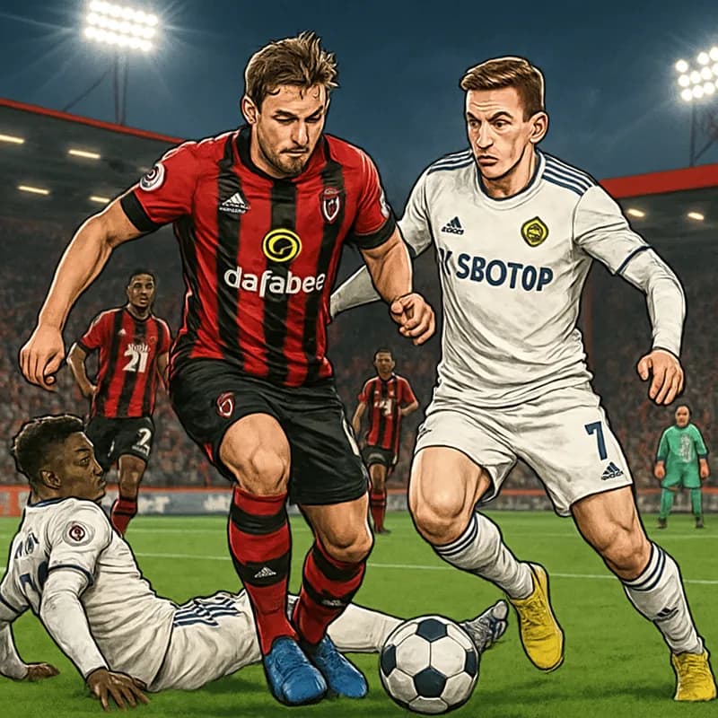 A vibrant scene at Vitality Stadium, with Bournemouth in their traditional cherries and black stripes, and Leeds in their white kit. Fans are cheering passionately, creating an electric atmosphere und