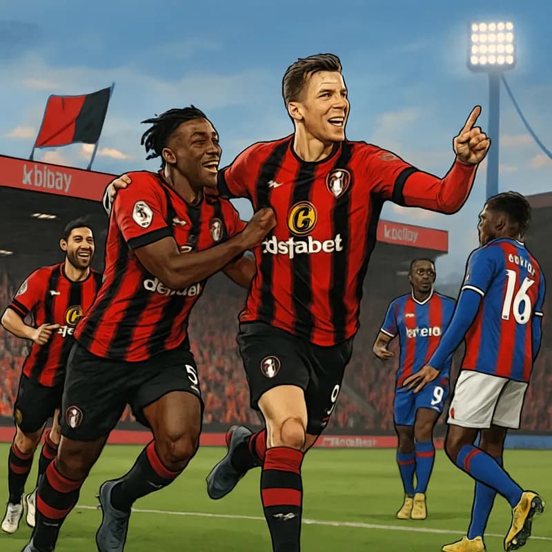 A vibrant scene at the Vitality Stadium, where Bournemouth players in their cherry-red and black striped kits celebrate a goal against Crystal Palace, who wear their traditional blue and red stripes. 