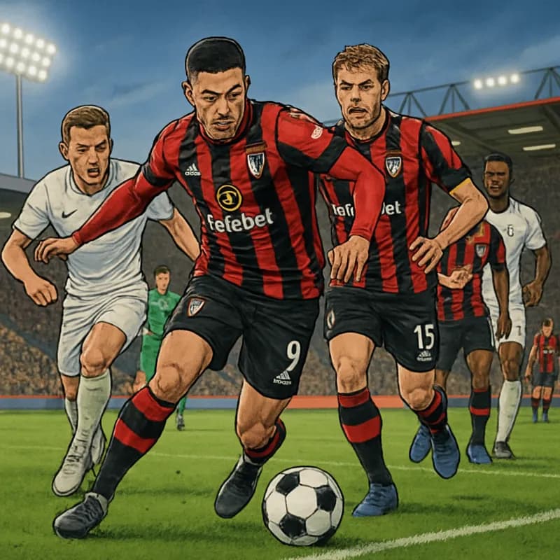 A scene at Bournemouth's Vitality Stadium during a match, showcasing players in red and black striped jerseys battling for possession. The stadium is lively, filled with cheering fans, and the green p