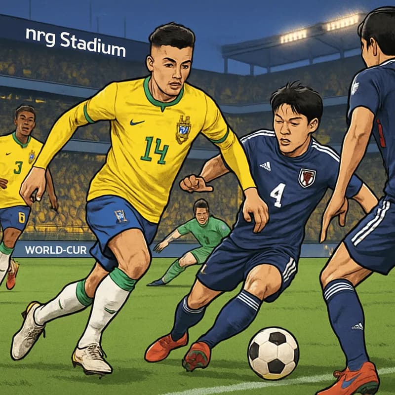 A vibrant scene at NRG Stadium, Houston, filled with passionate Brazilian fans in yellow jerseys, celebrating Gabriel Martinelli's dramatic late goal against Japan. The stadium is alive with the green