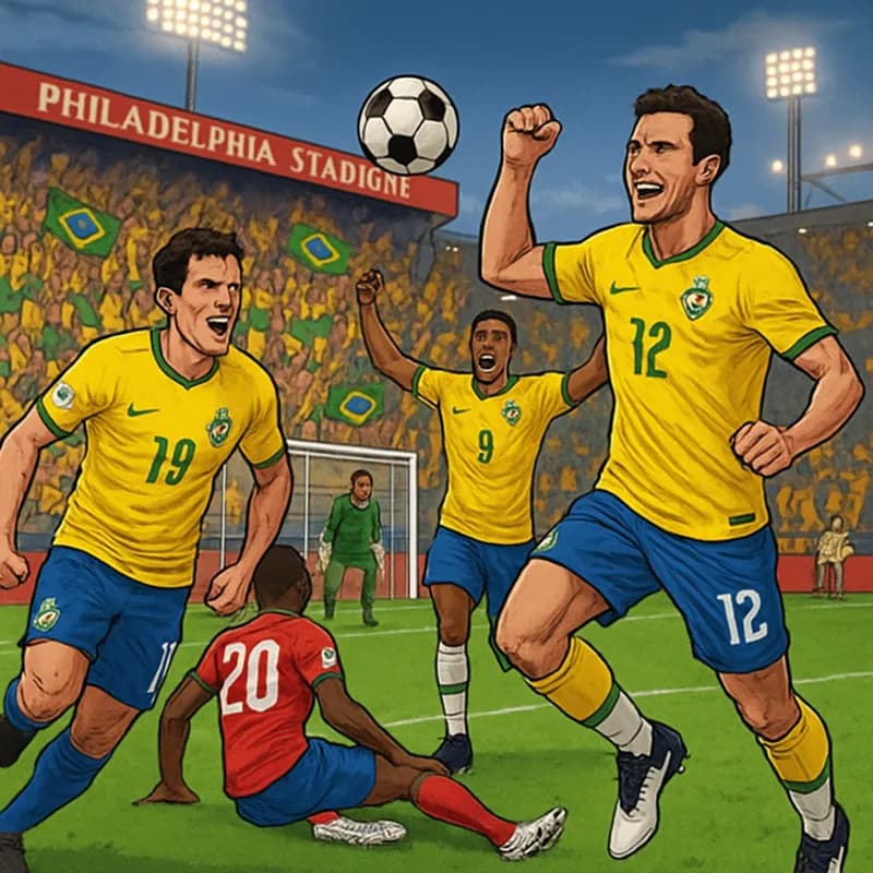 A vibrant scene from the Philadelphia Stadium during Brazil's match against Haiti, showcasing fans in yellow jerseys celebrating goals. The stadium is filled with energy, with flags waving and a socce