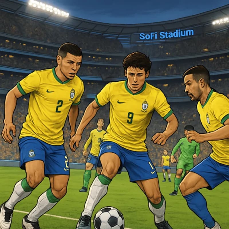A vibrant scene at the SoFi Stadium during Brazil's match, featuring players in their iconic yellow and green kits, with a packed crowd and a lively atmosphere as they prepare for the game.