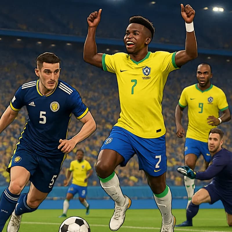A vibrant scene at Miami Stadium during Brazil's match against Scotland, featuring players in yellow and green jerseys, with Vinícius Júnior celebrating a goal amidst a cheering crowd.
