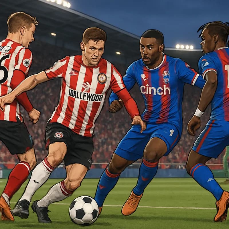 A vibrant scene at the Gtech Community Stadium featuring Brentford in their red and white striped jerseys, and Crystal Palace in their blue and red kits. The atmosphere is electric with fans cheering,