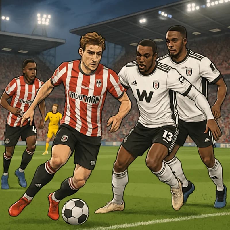 A vibrant scene at the Gtech Community Stadium, filled with excited fans in Brentford's red and white striped jerseys and Fulham's black and white kits. The atmosphere is electric as the teams prepare