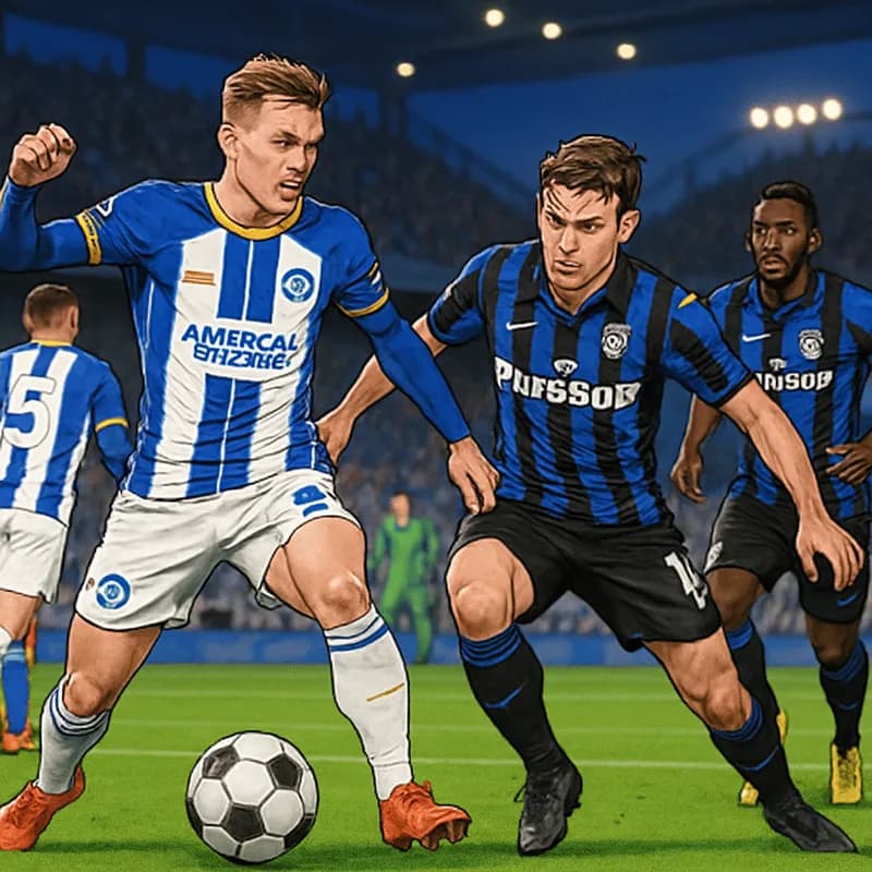 A vibrant scene at a packed stadium during a match, with Brighton players in their traditional blue and white striped jerseys, battling against Atalanta in their black and blue kits. The atmosphere is