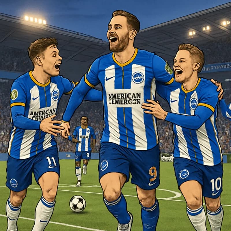 Brighton players in their blue and white striped kits celebrate on the pitch at the Amex Stadium, with fans waving flags and scarves. The stadium is bathed in evening light, and a Europa Conference Le