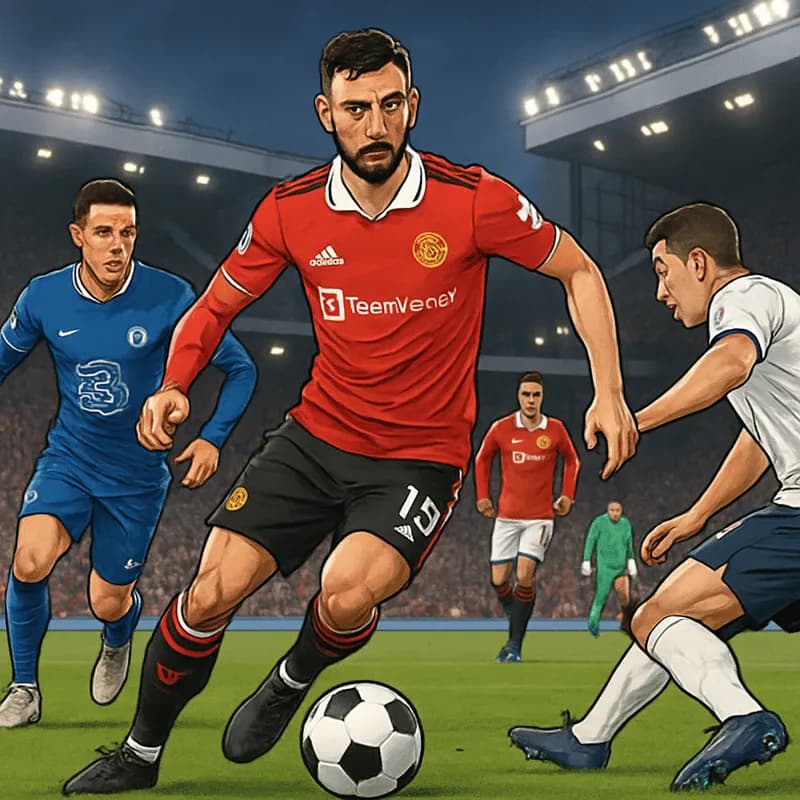A vibrant scene at Old Trafford during a match, where Bruno Fernandes is seen in Manchester United's red kit, dribbling the ball with determination. The stadium is packed, with fans cheering in the ba