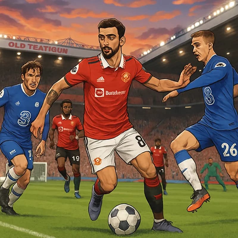 A vibrant scene at Old Trafford with Manchester United in their red home kits, showcasing Bruno Fernandes orchestrating play on the pitch. Fans are cheering in the stands, with a dramatic sunset illum