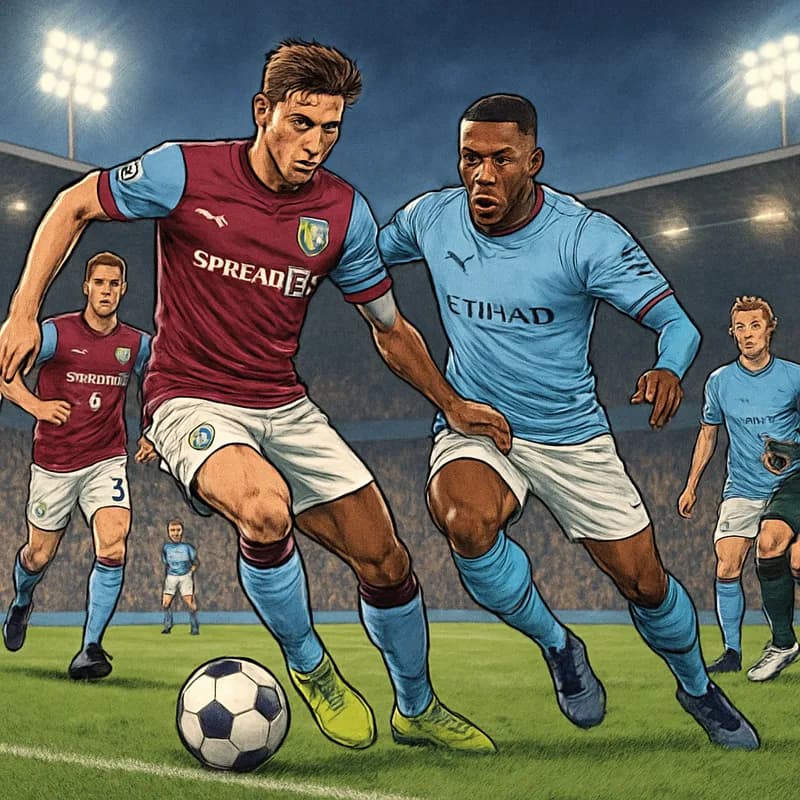 A vibrant scene at Turf Moor, with Burnley players in claret and blue kits and Manchester City in sky blue, as fans create an electric atmosphere under the floodlights.