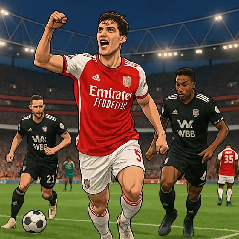 A vibrant scene at the Emirates Stadium with Riccardo Calafiori in Arsenal's red and white kit, celebrating his return to the pitch. Fans are cheering, and the green pitch is well-maintained, reflecti