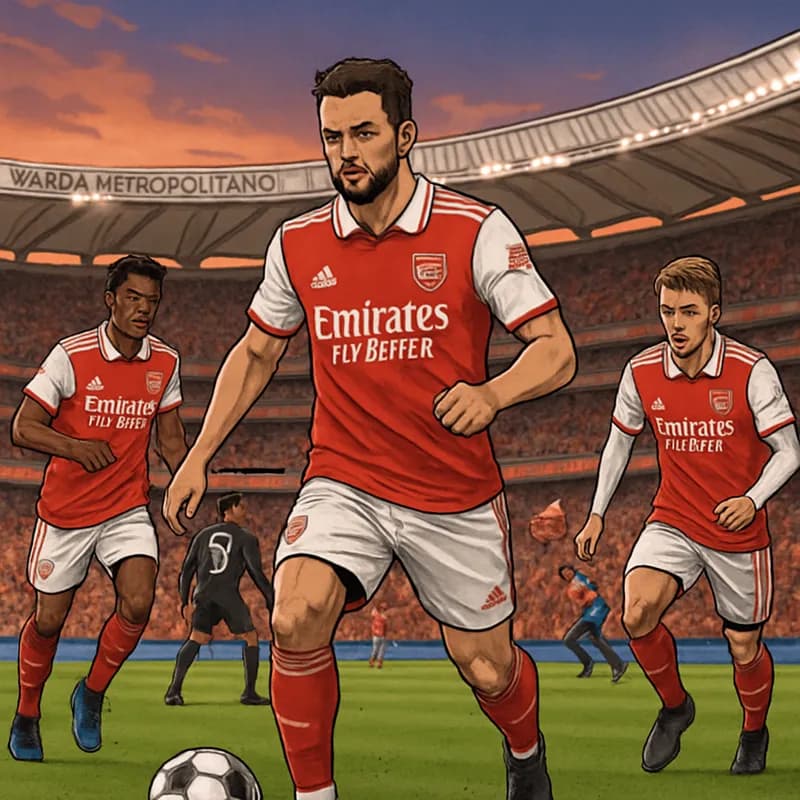 A vibrant scene at the Wanda Metropolitano stadium, with Arsenal players in their red and white kits warming up on the pitch. The atmosphere is electric, filled with fans waving flags and banners, as 