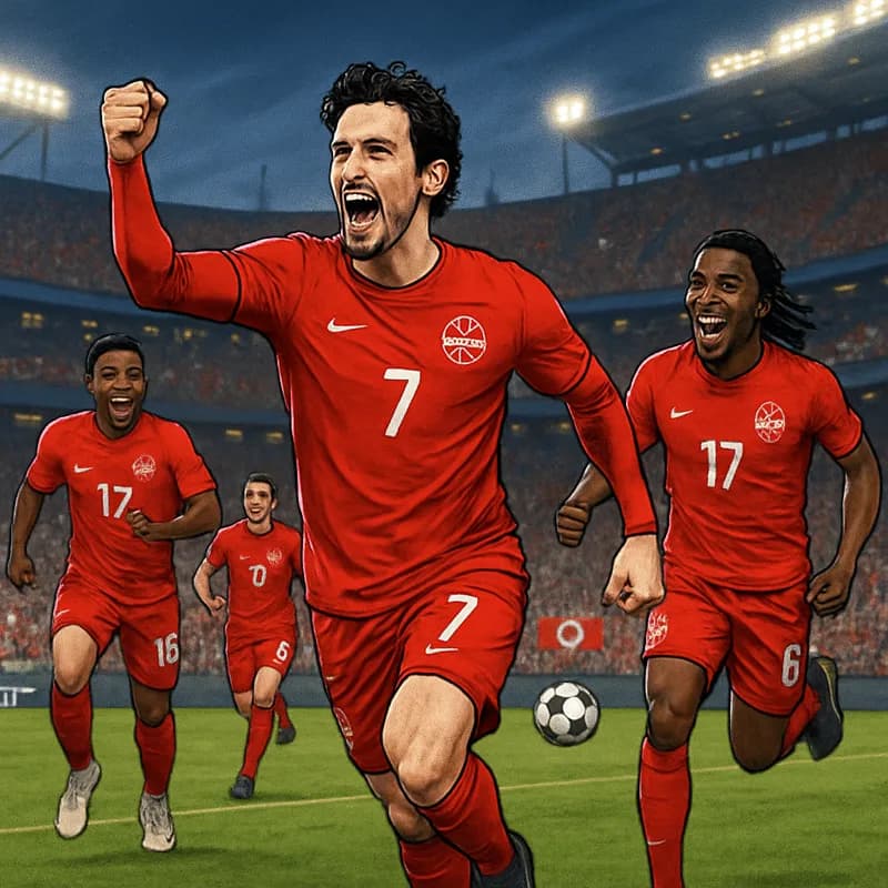 A jubilant scene at the Los Angeles Stadium, with Canadian players in their red kits celebrating Stephen Eustáquio's late goal. The crowd is vibrant, waving flags and cheering in a packed stadium atmo