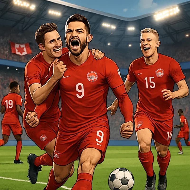 A vibrant soccer scene from a World Cup match in Vancouver, featuring Canadian players in their red kits celebrating a goal, with a packed stadium and fans waving flags. The atmosphere is electric, sh