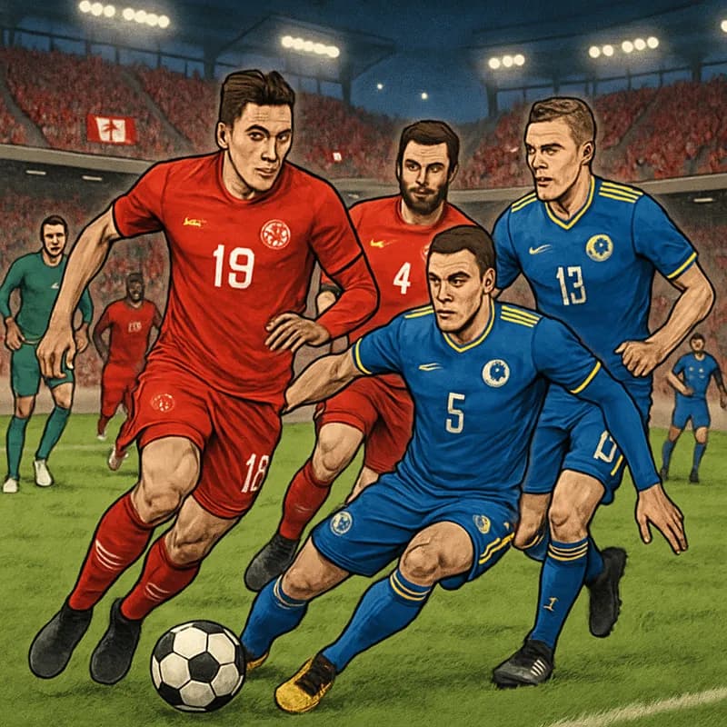 A vibrant scene at Toronto's stadium, filled with fans wearing Canada's red and white jerseys, waving flags. The pitch is pristine green, the atmosphere electric as anticipation builds for the match a