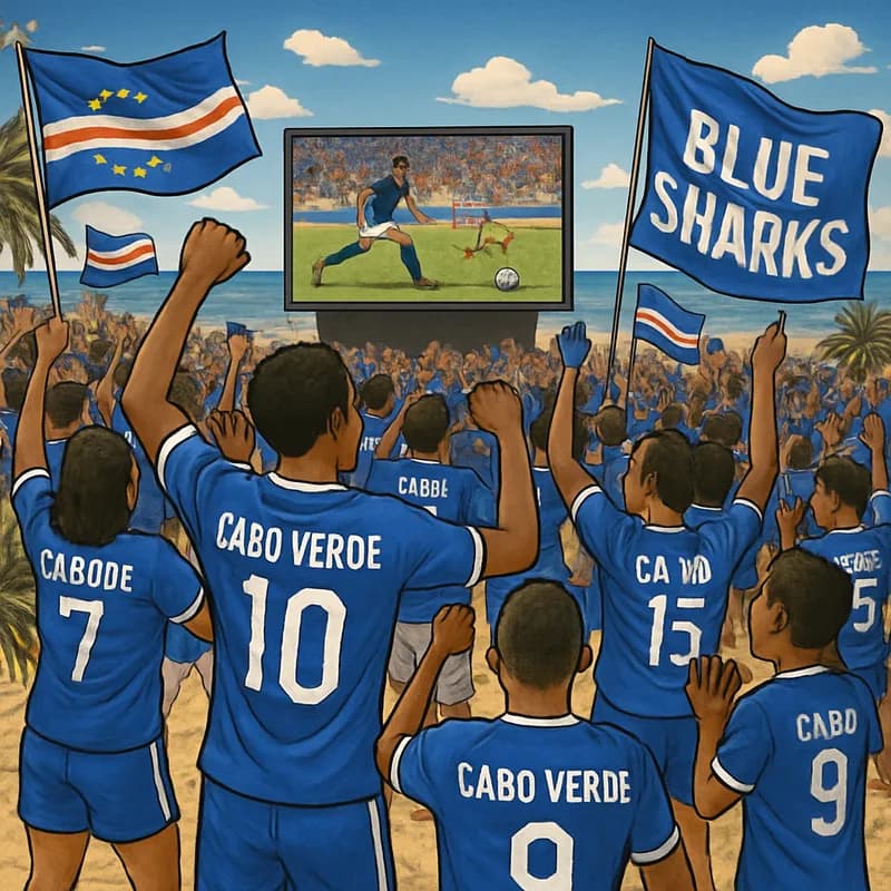 A vibrant scene in Praia, Cape Verde, filled with fans wearing blue and white jerseys celebrating their national team, the Blue Sharks. The atmosphere is electric, with flags waving and a large screen