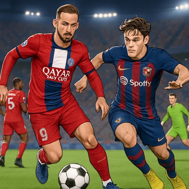 A vibrant scene at a town hall in Los Palacios y Villafranca, with fans celebrating Spain's World Cup win. Ruiz in PSG's red and blue kit, Gavi in Barcelona's maroon and blue. The atmosphere is festiv