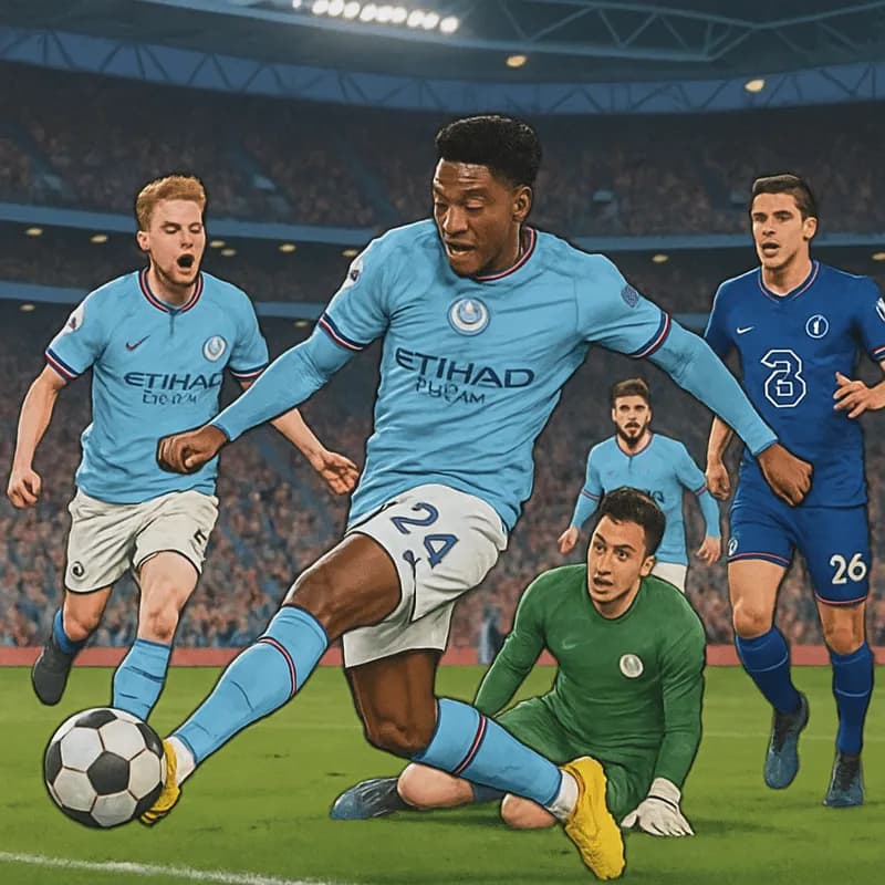 A vibrant scene from the FA Cup final at Wembley, with Manchester City players in their sky blue kits celebrating Semenyo's stunning backheel goal against Chelsea, set against a packed stadium atmosph