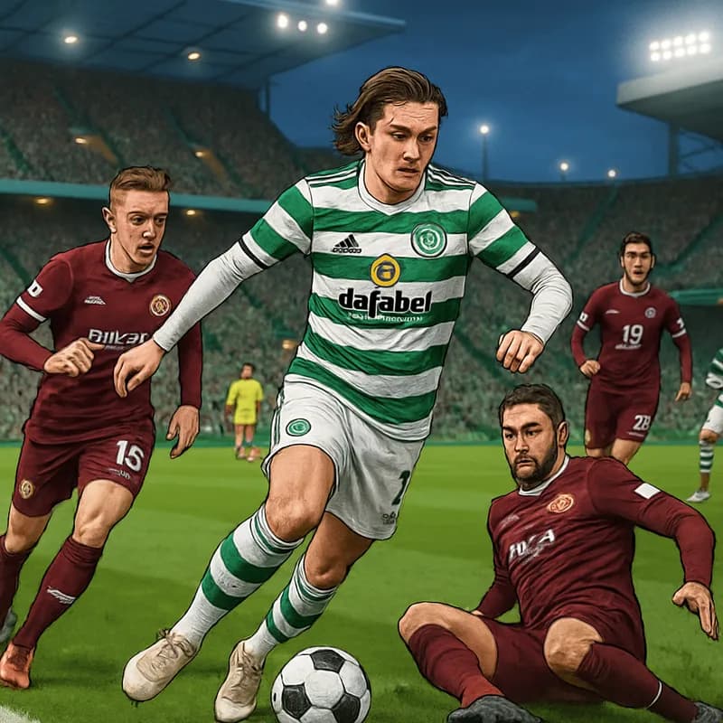 A vibrant scene at Celtic Park during a matchday, with fans wearing green and white Celtic jerseys, creating a sea of colors in the stands. The pitch is lush and green, with players in Celtic's green 