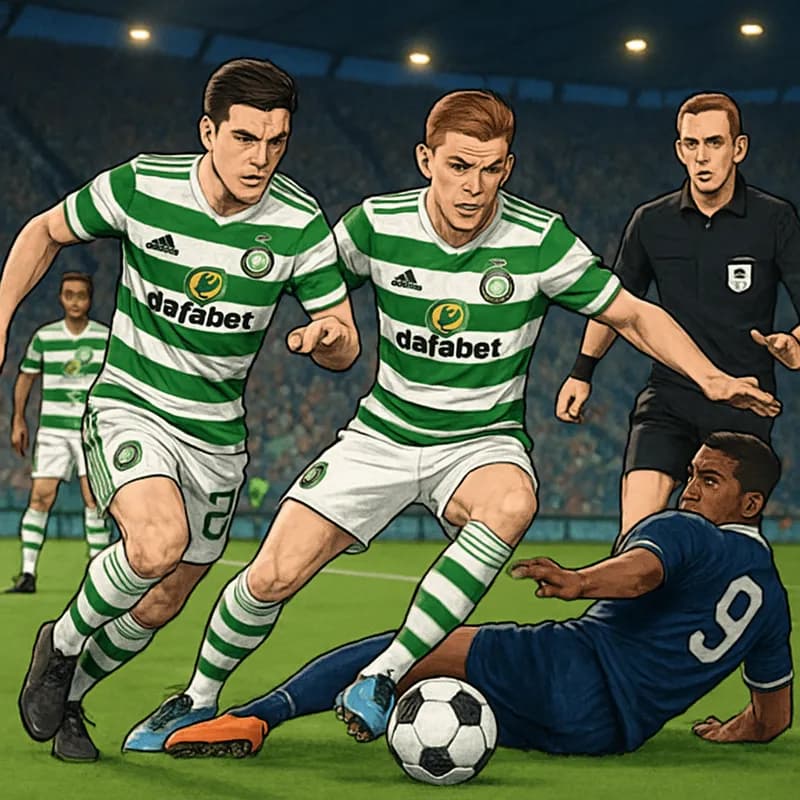 A tense moment in a Scottish football match featuring Celtic players in their green and white striped jerseys, battling for the ball on a lush green pitch. The stadium is packed with fans, creating a 