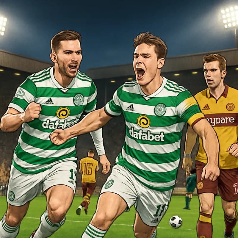 A tense moment at Fir Park with Celtic players in their green and white striped jerseys celebrating a late goal against Motherwell, who are in their claret and amber kits. The atmosphere is electric w