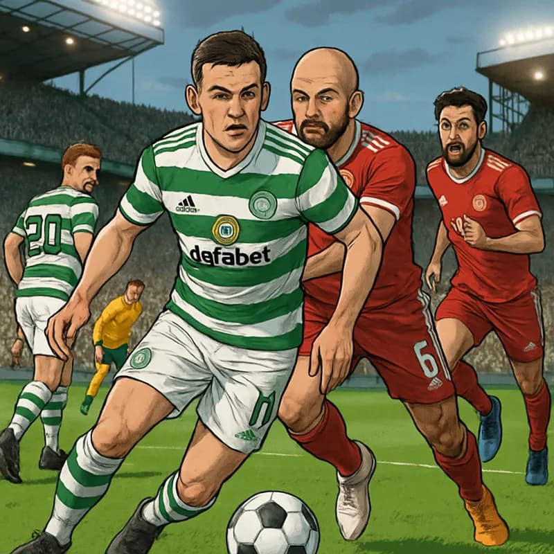 A vibrant scene at Celtic Park with fans in green and white jerseys cheering. The pitch is lush and green, with a round soccer ball near the goalposts, capturing the electric atmosphere of a pivotal m