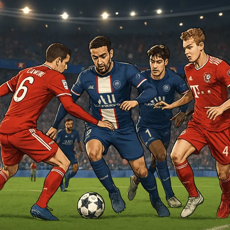 A vibrant scene from a Champions League match at the Parc des Princes, with Paris Saint-Germain players in their dark blue kits and Bayern Munich in their red jerseys. The stadium is filled with passi