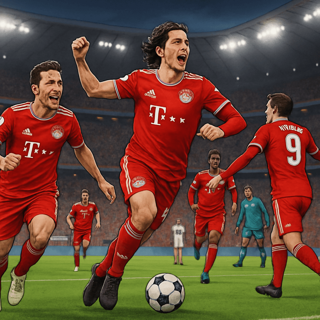 A vibrant scene from a Champions League match at the Allianz Arena, with Bayern Munich players in their red and white kits celebrating a goal, the crowd roaring in excitement, and a green pitch illumi