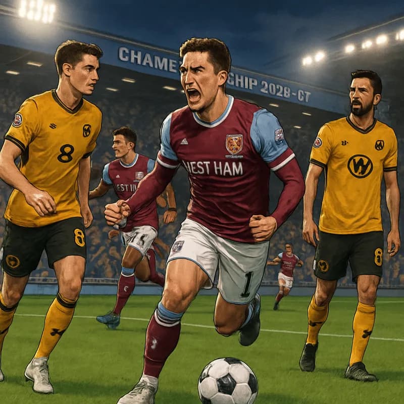A dramatic scene at a packed Championship stadium, with West Ham players in claret and blue celebrating a goal, while Wolves players in old gold look on. The pitch is pristine, with floodlights blazin