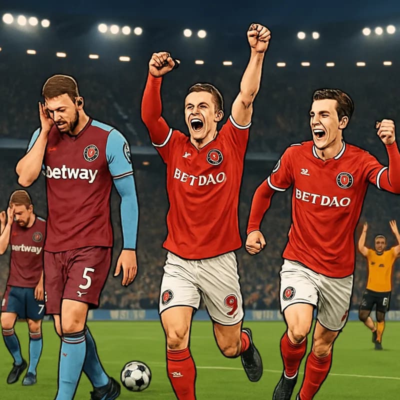 A vibrant scene from a Championship football match: West Ham players in claret and blue look dejected while Charlton players in red and white celebrate a goal at London Stadium. In the background, Wol