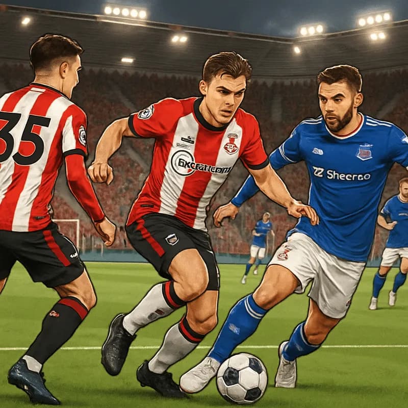 A vibrant scene at St Mary's Stadium, featuring Southampton in their red and white striped jerseys and Ipswich in their blue kits. Fans are cheering, with a green pitch and goals in the background, ca