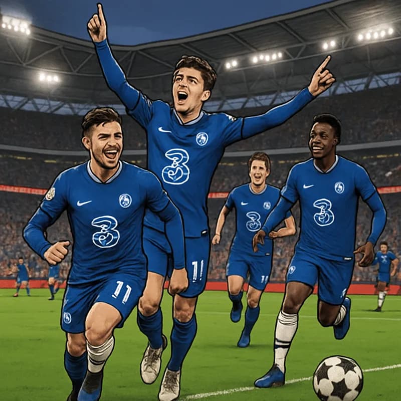 A vibrant scene at Wembley Stadium during the FA Cup semi-final, with Chelsea players in their blue home jerseys celebrating a goal. The stands are filled with enthusiastic fans waving flags, the gree