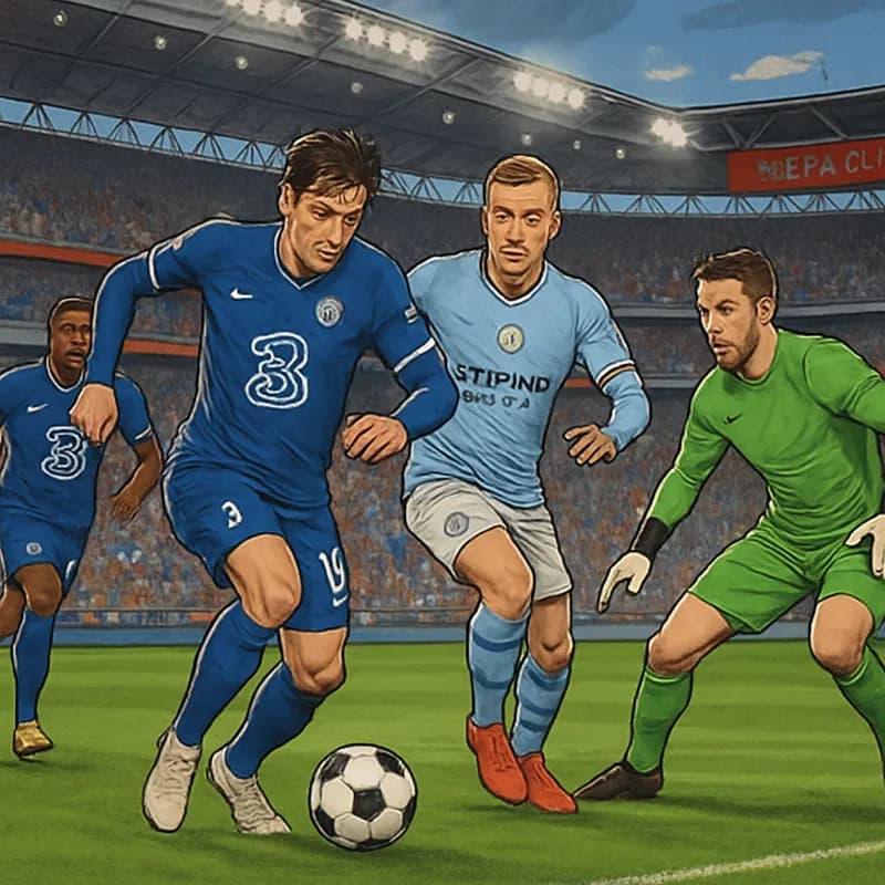 A vibrant FA Cup final scene at Wembley Stadium, with Chelsea in their blue kit and Manchester City in their sky blue jerseys. Fans are cheering passionately, waving flags, and the pitch is perfectly 