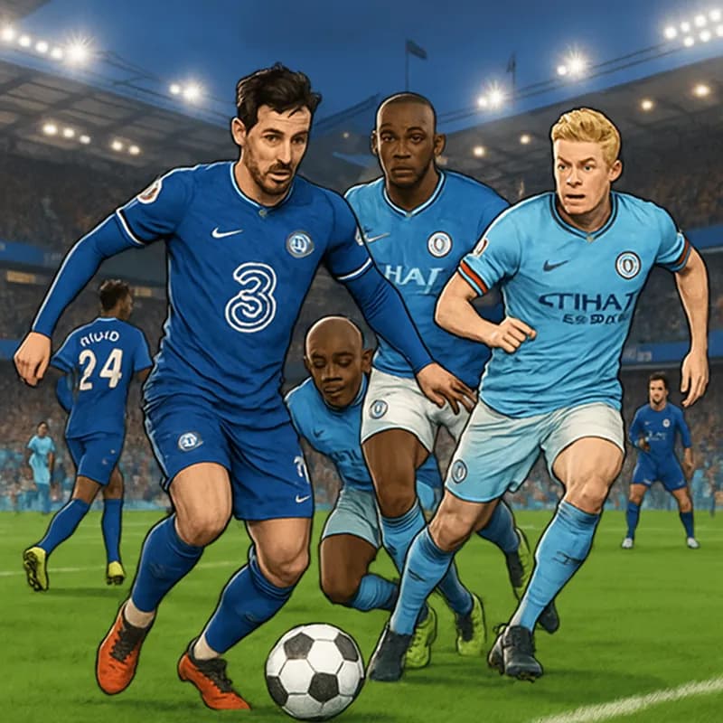 A vibrant scene at Stamford Bridge, with Chelsea in their blue kits and Manchester City in their sky blue jerseys. The stadium is buzzing with fans, flags waving, and a focus on a thrilling match atmo