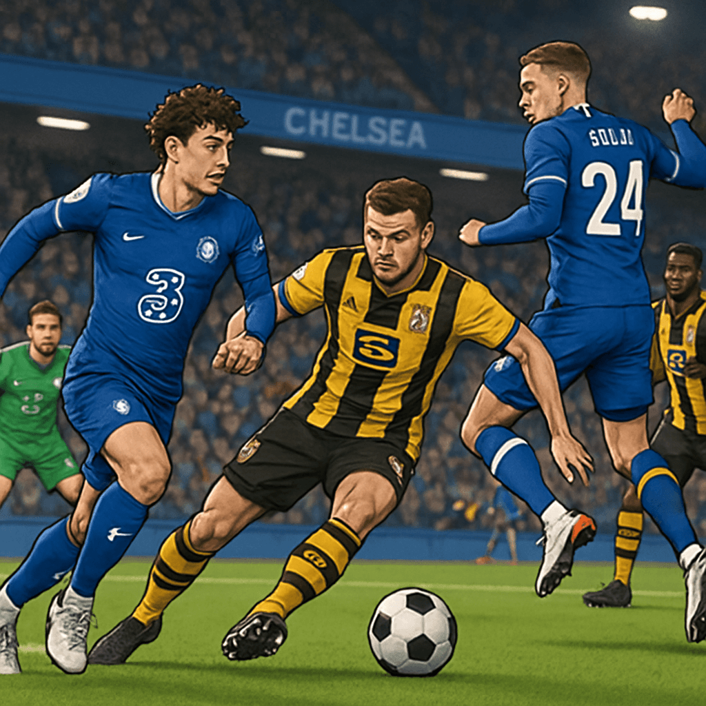 A vibrant scene at Stamford Bridge, with Chelsea players in their blue kits and Port Vale in their yellow and black stripes. Fans fill the stands, creating an electric atmosphere as the teams prepare 