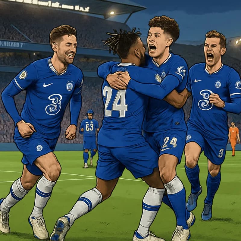 A vibrant scene at a stadium in Sydney, with Chelsea players in their blue kits celebrating a goal. The pitch is lush and green, with fans in the stands cheering passionately, creating an electric atm
