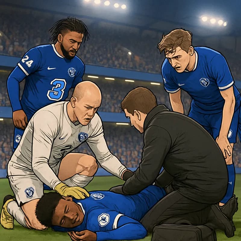 A tense moment at Stamford Bridge as Jesse Derry, in Chelsea's blue kit, lies on the pitch after a head injury, surrounded by medical staff and concerned teammates. The stadium is packed with fans in 