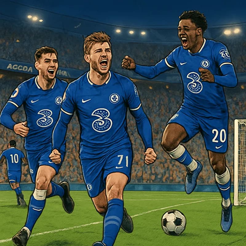 A vibrant match scene at Accor Stadium with Chelsea players in their blue kit celebrating a goal. The atmosphere is electric, with fans cheering, and a clear view of the green pitch and goalposts.