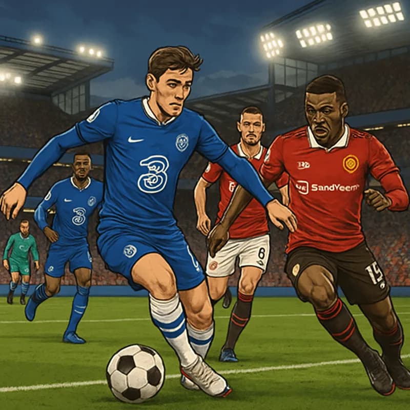 A tense moment during a Premier League match at Stamford Bridge, featuring Chelsea in their blue kit and Manchester United in red, with fans in the stands showcasing their team colors, a green pitch, 