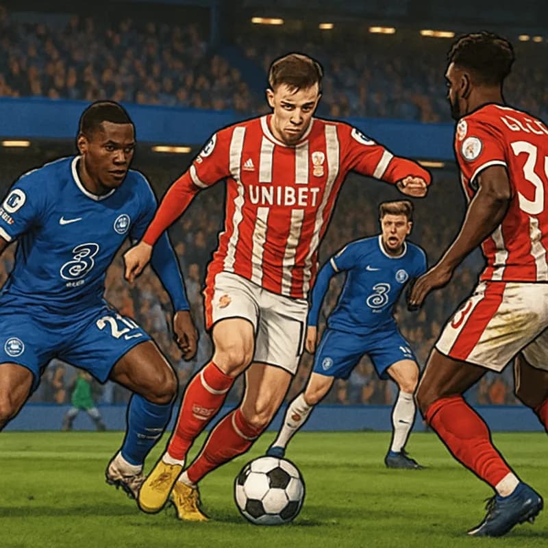 A tense moment at Stamford Bridge, with Chelsea players in their blue kits facing off against Nottingham Forest in their red and white striped jerseys. The atmosphere is electric, with fans in the sta