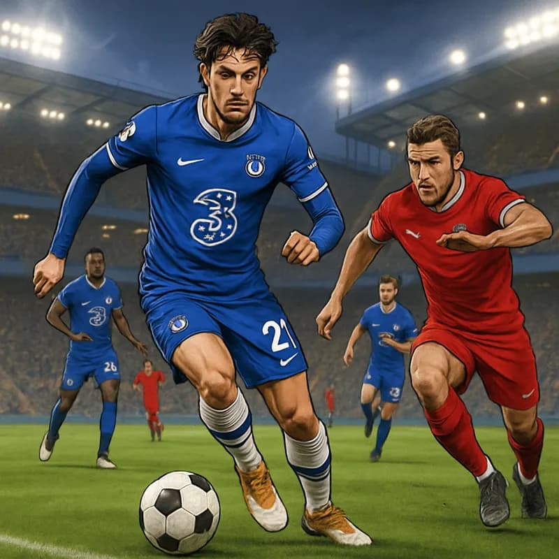 A vibrant scene at Stamford Bridge during a match, featuring Chelsea players in their blue home kit, with Marco Palestra in action as a wing-back. The stadium is packed, showcasing a lively atmosphere