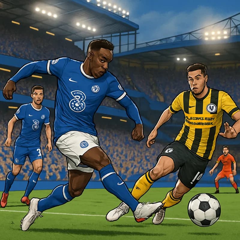 A vibrant Stamford Bridge on match day, filled with Chelsea fans in blue jerseys, celebrating as Danny Welbeck, in a Chelsea kit, prepares to take a shot on goal. The atmosphere is electric, with a gr